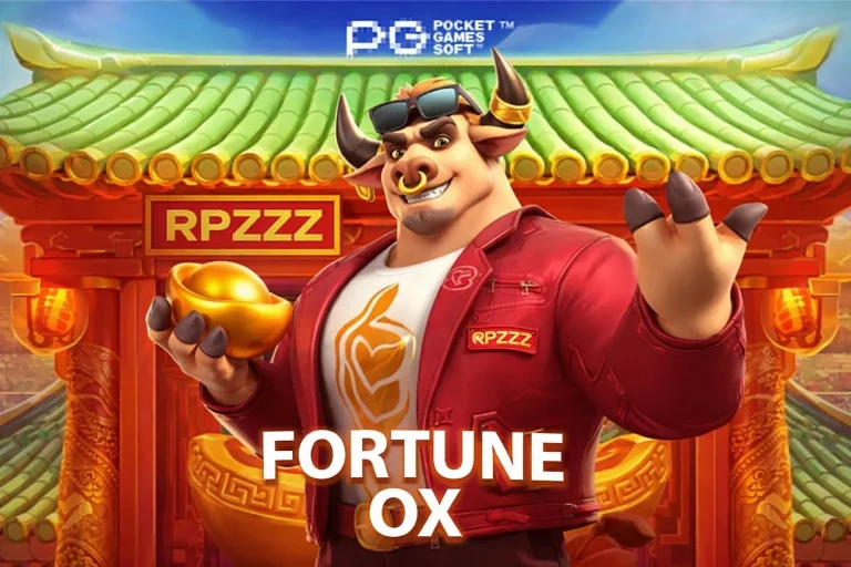 Visual FORTUNE OX menampilkan banteng keberuntungan dalam permainan RPZZZ dengan animasi halus dan tema warna merah emas.