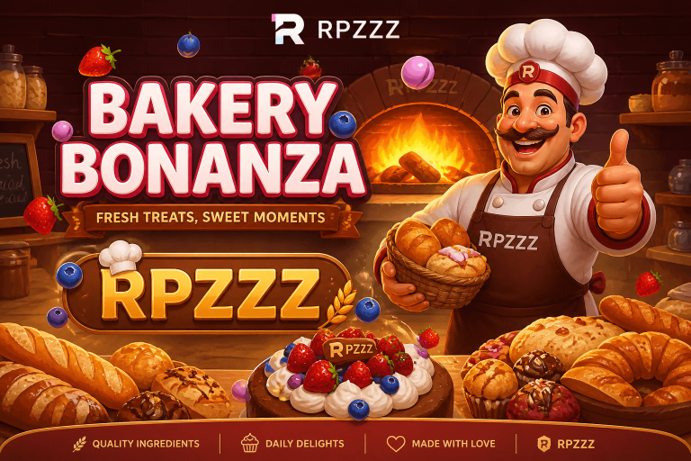 Tampilan BAKERY BONANZA di RPZZZ dengan suasana toko kue hangat, warna pastel lembut, dan nuansa santai